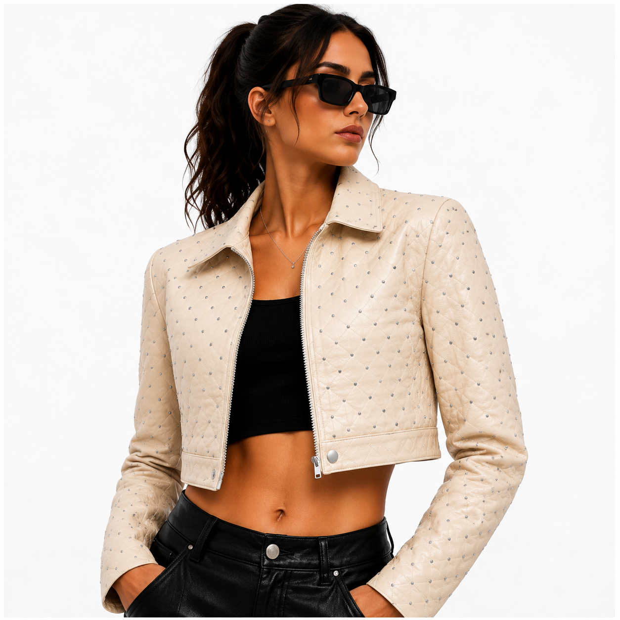 Women's Cream Cropped Studded Leather Jacket