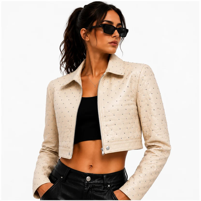 Women's Beige Studded Cropped Leather Jacket