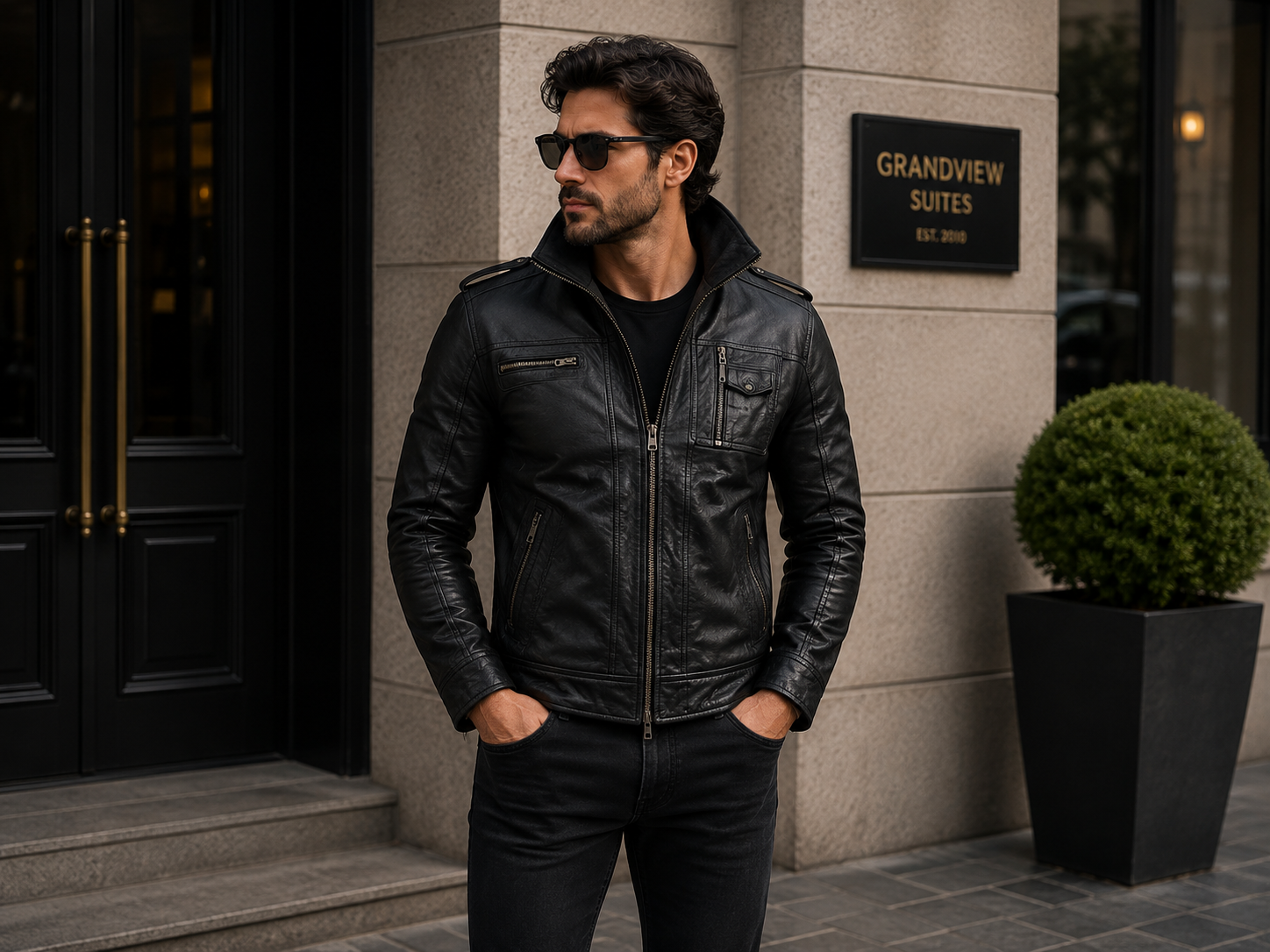 Men's Black Waxed Cafe Racer Style Lambskin Leather Jacket