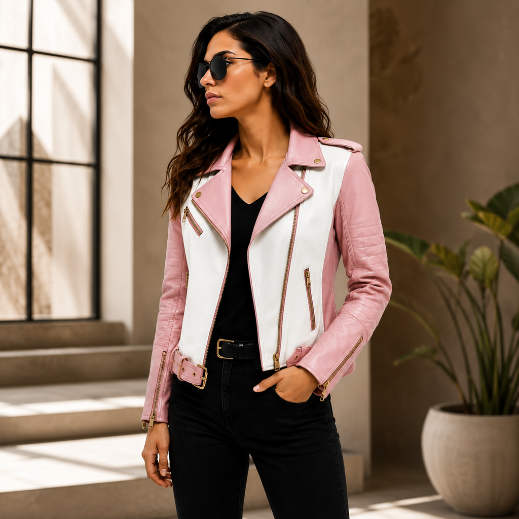 Women's Pink & White Biker Leather Jacket
