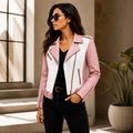 Women's Pink & White Biker Leather Jacket