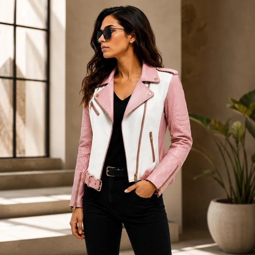Women's Black & White Genuine Leather Moto Jacket
