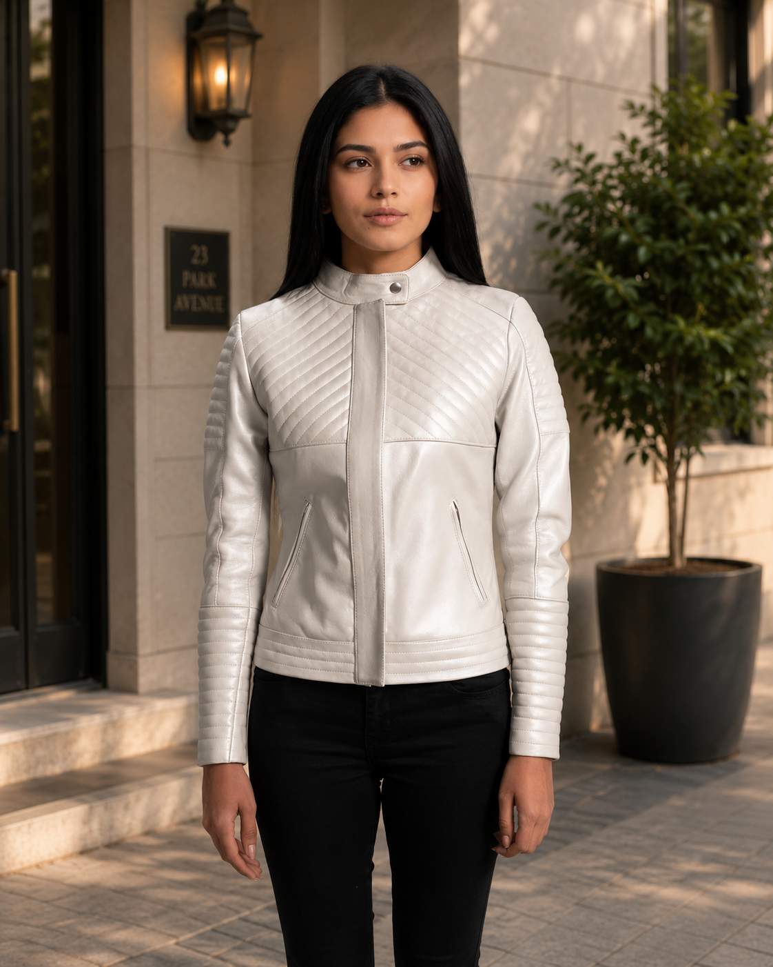 Women's Off-White Quilted Genuine Leather Biker Jacket