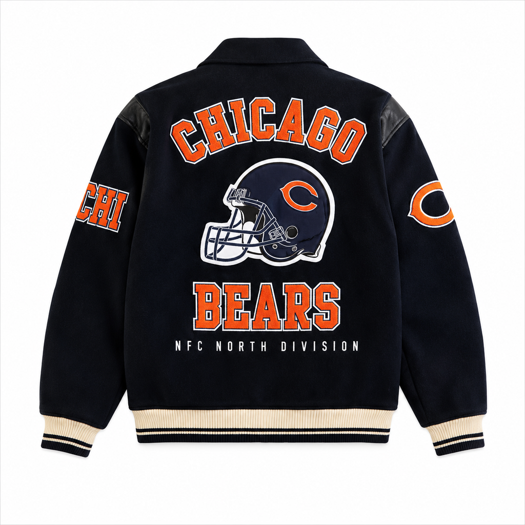 Navy Blue Chicago Bears NFL Varsity Jacket with Chicago Bears Helmet Logo on Back
