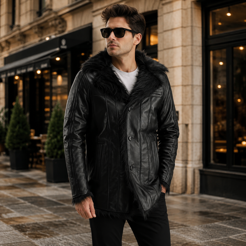 Furcliff Black Leather Coat