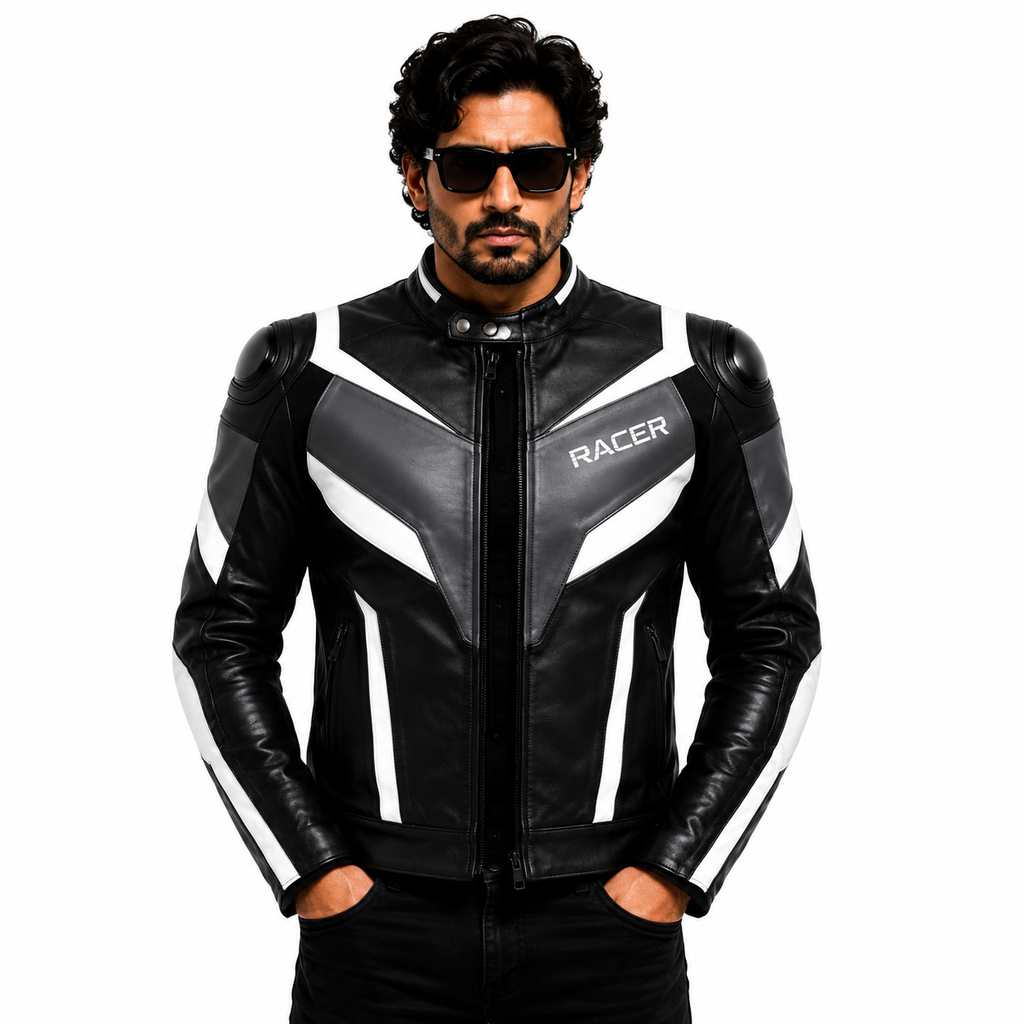 Men's Black & White Racer Leather Jacket