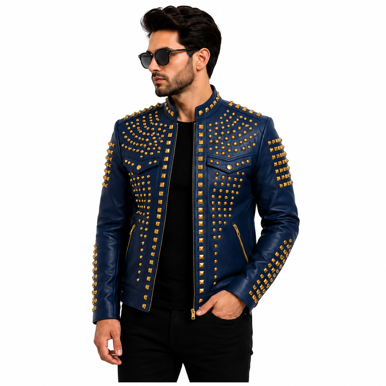 Men's Royal Blue Studded Leather Jacket