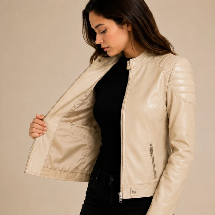 Women's Beige Genuine Leather Cafe Racer Jacket