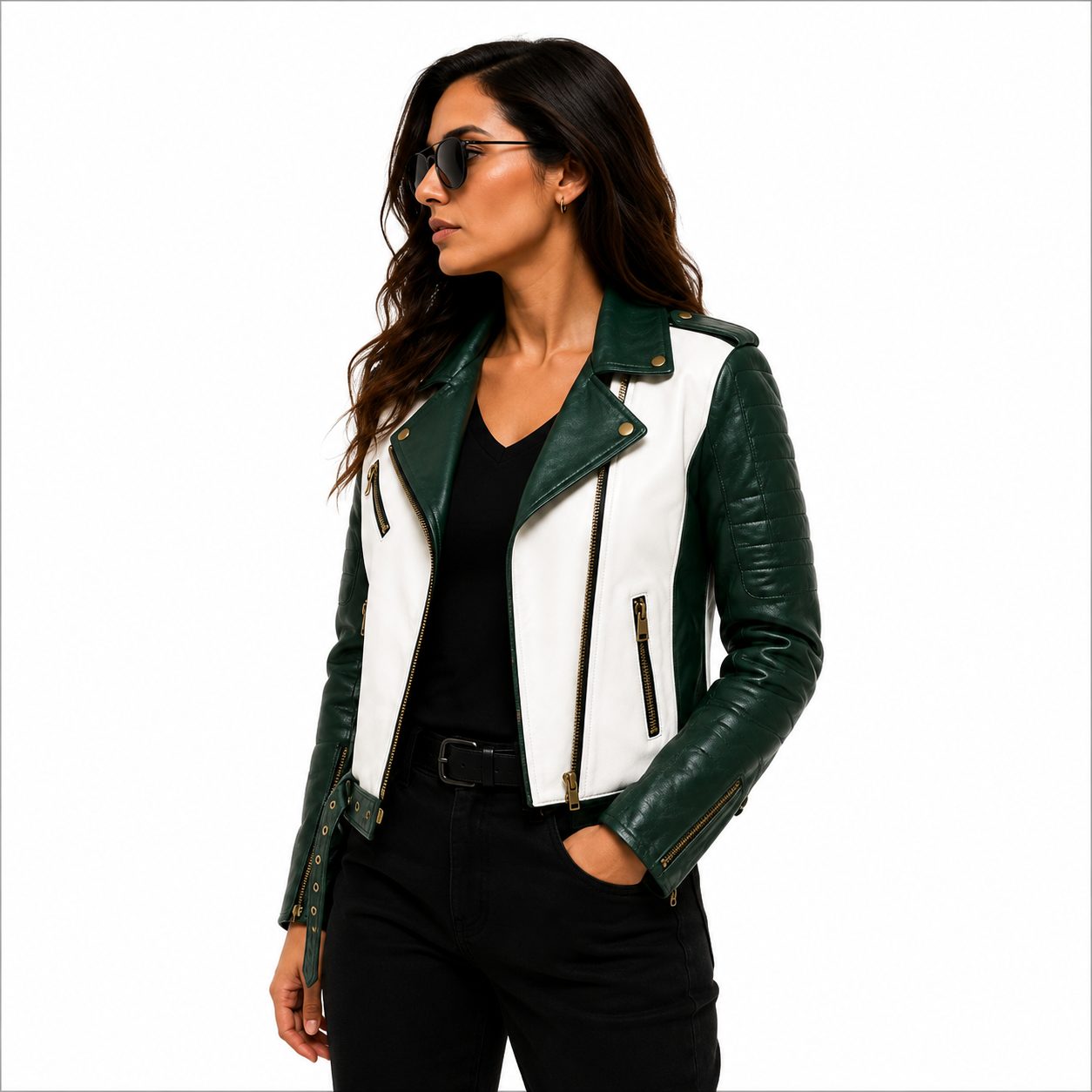 Women's Green & White Biker Leather Jacket