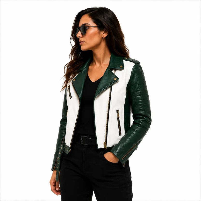 Women's green white genuine leather jacket
