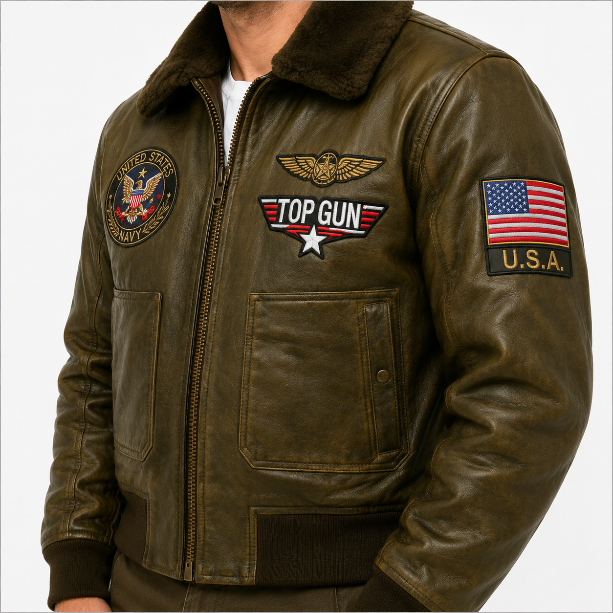 Men's Olive Green Top Gun G-1 Flight Leather Bomber Jacket