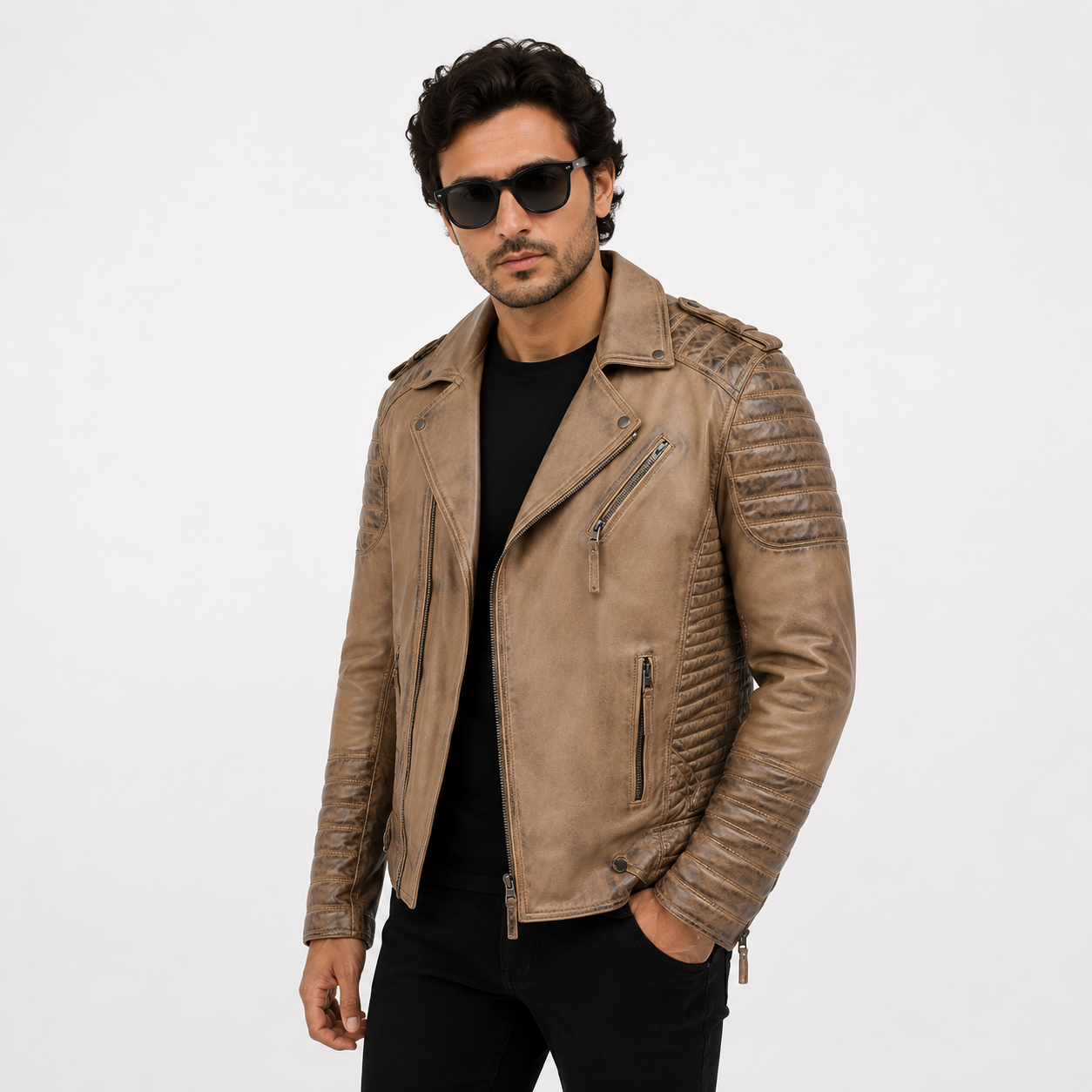 Men's Distressed Beige Taupe Asymmetric Leather Biker Jacket