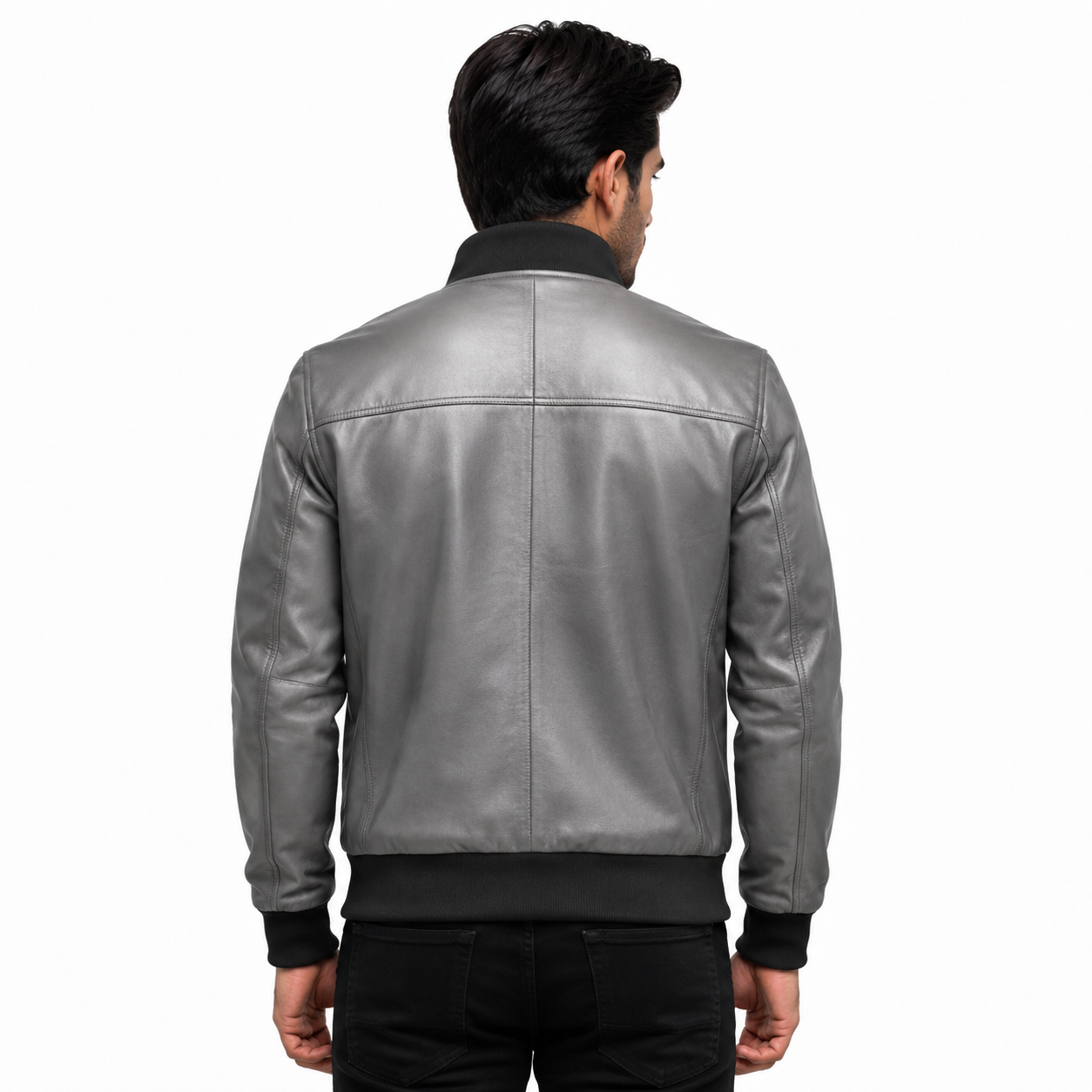 Men's distressed grey leather bomber jacket