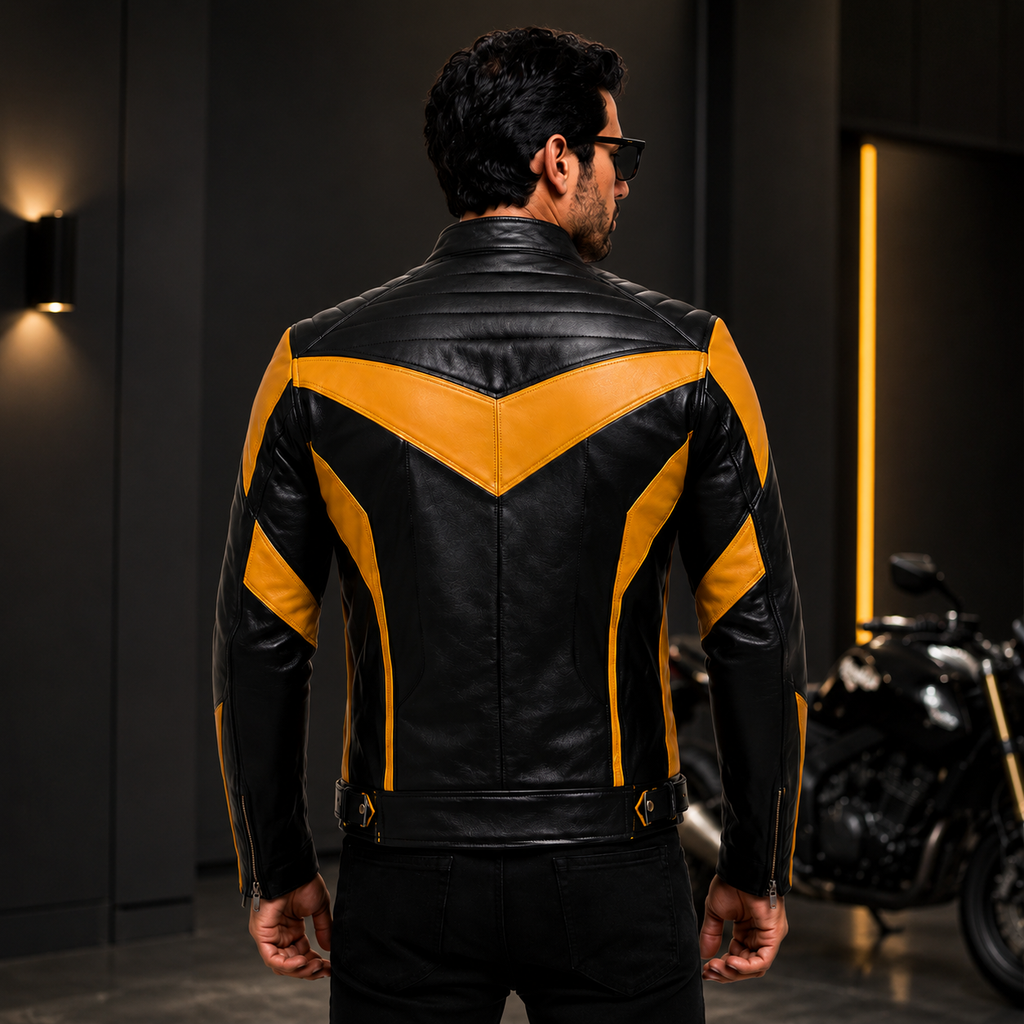 Men's Black & Mustard Yellow Racer Leather Jacket