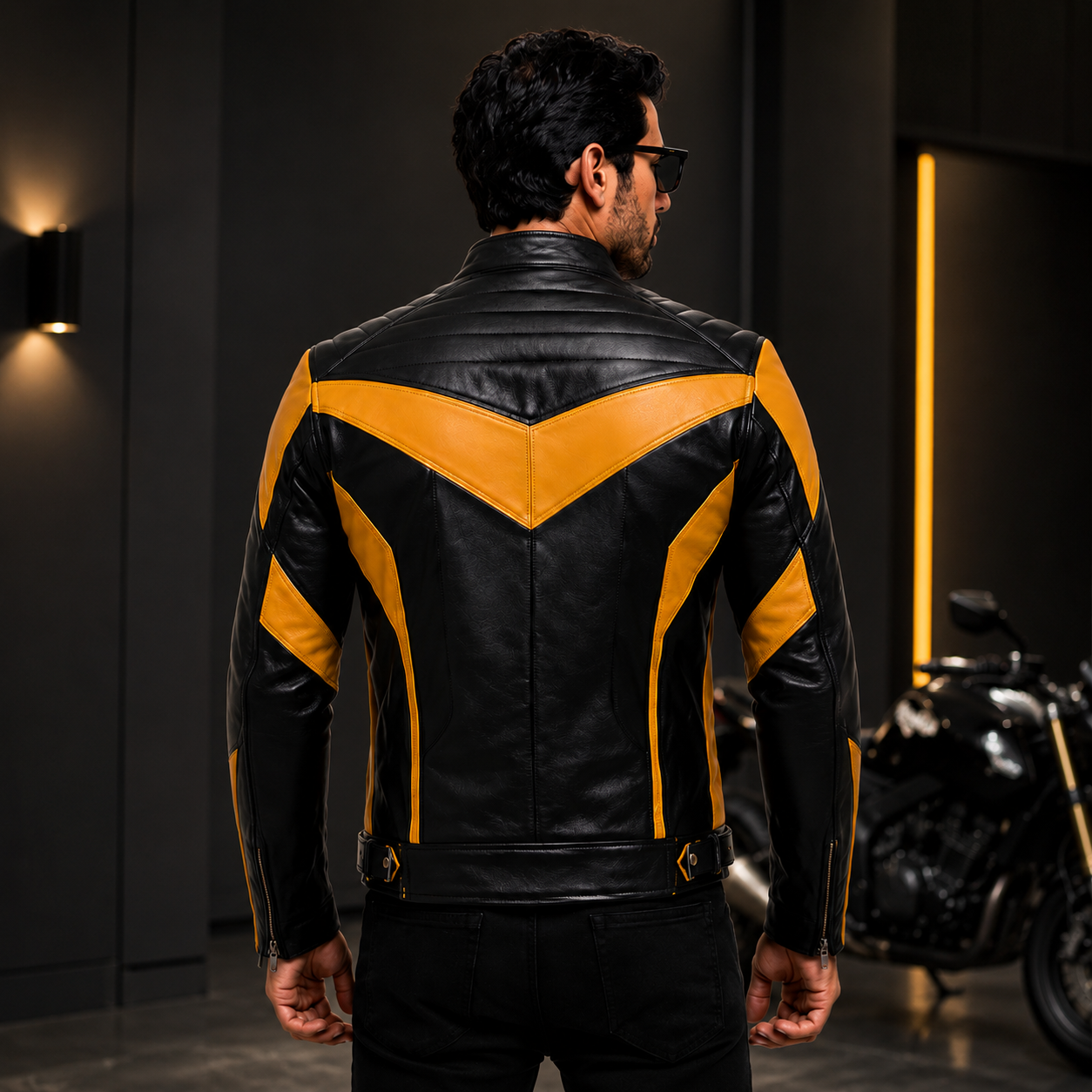 Men's Black & Mustard Yellow Racer Leather Jacket