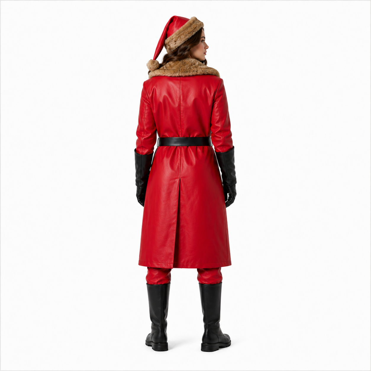Santa Inspired Red Faux Leather Coat Costume with Faux Fur Trim – Christmas Holiday Outfit