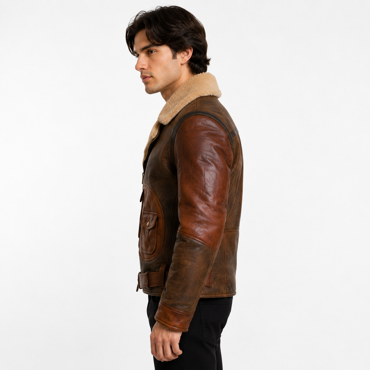 Men's distressed brown shearling aviator jacket