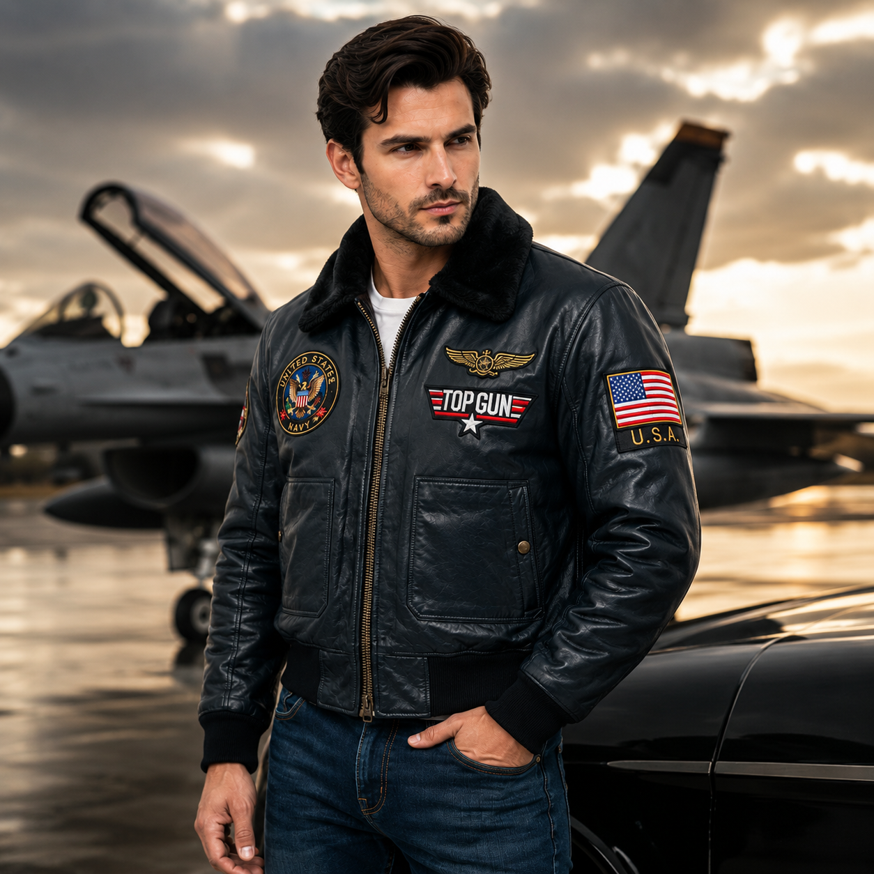 Men's Navy Blue Top Gun G-1 Flight Leather Bomber Jacket