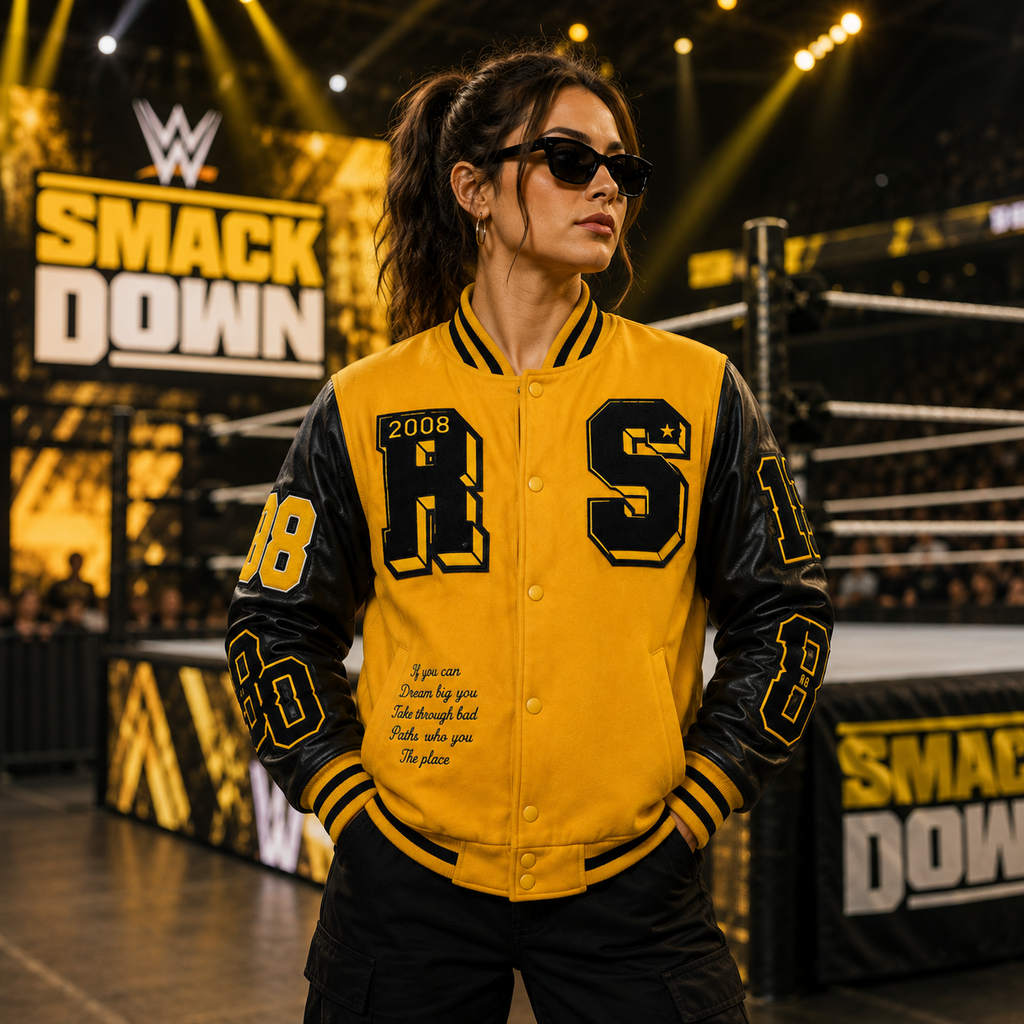 Women's Yellow and Black Varsity Letterman Jacket with Faux Leather Sleeves