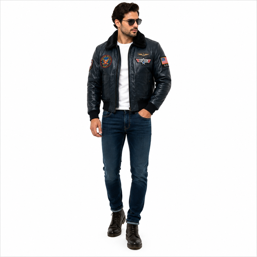 Men's Navy Blue Top Gun G-1 Flight Leather Bomber Jacket