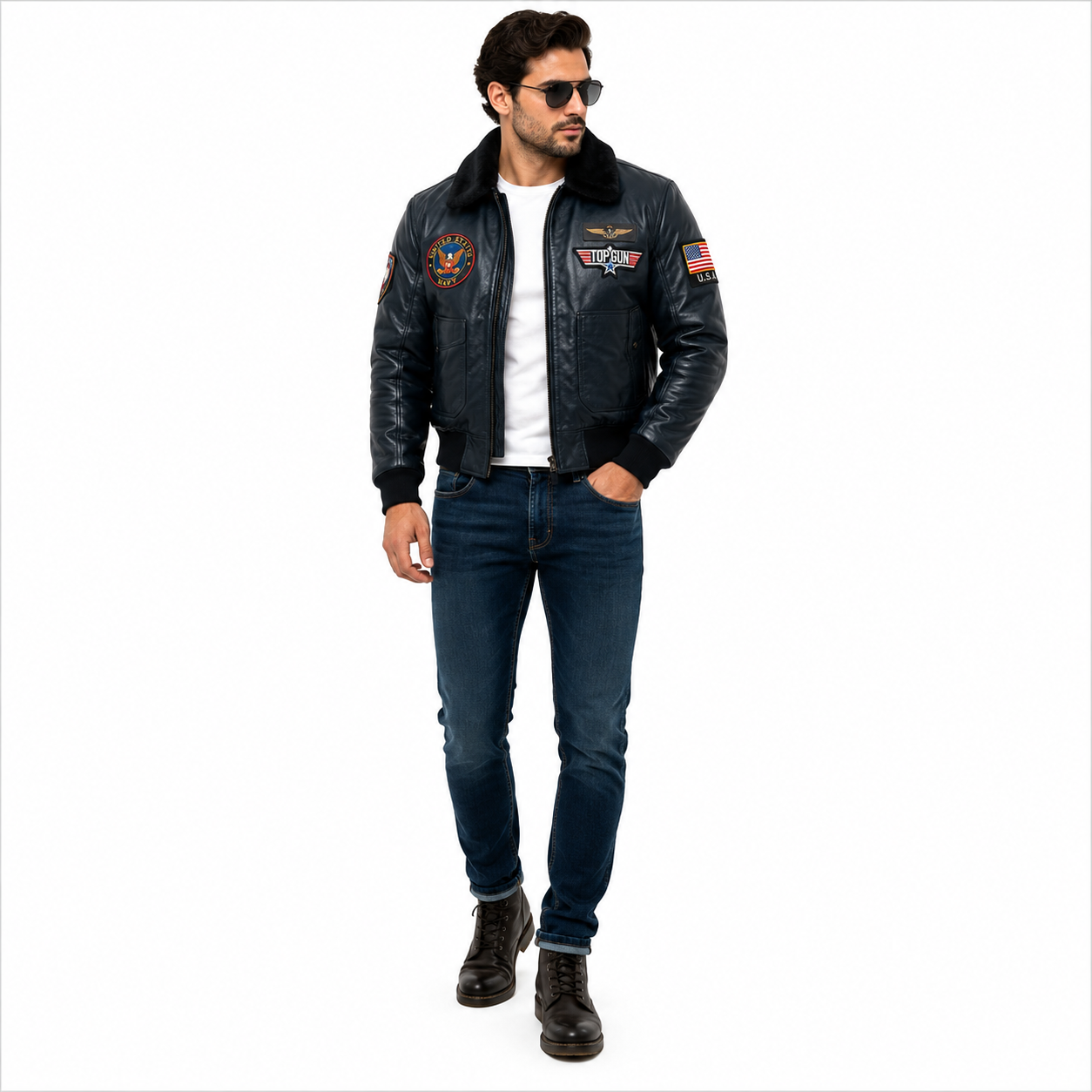 Men's Navy Blue Top Gun G-1 Flight Leather Bomber Jacket