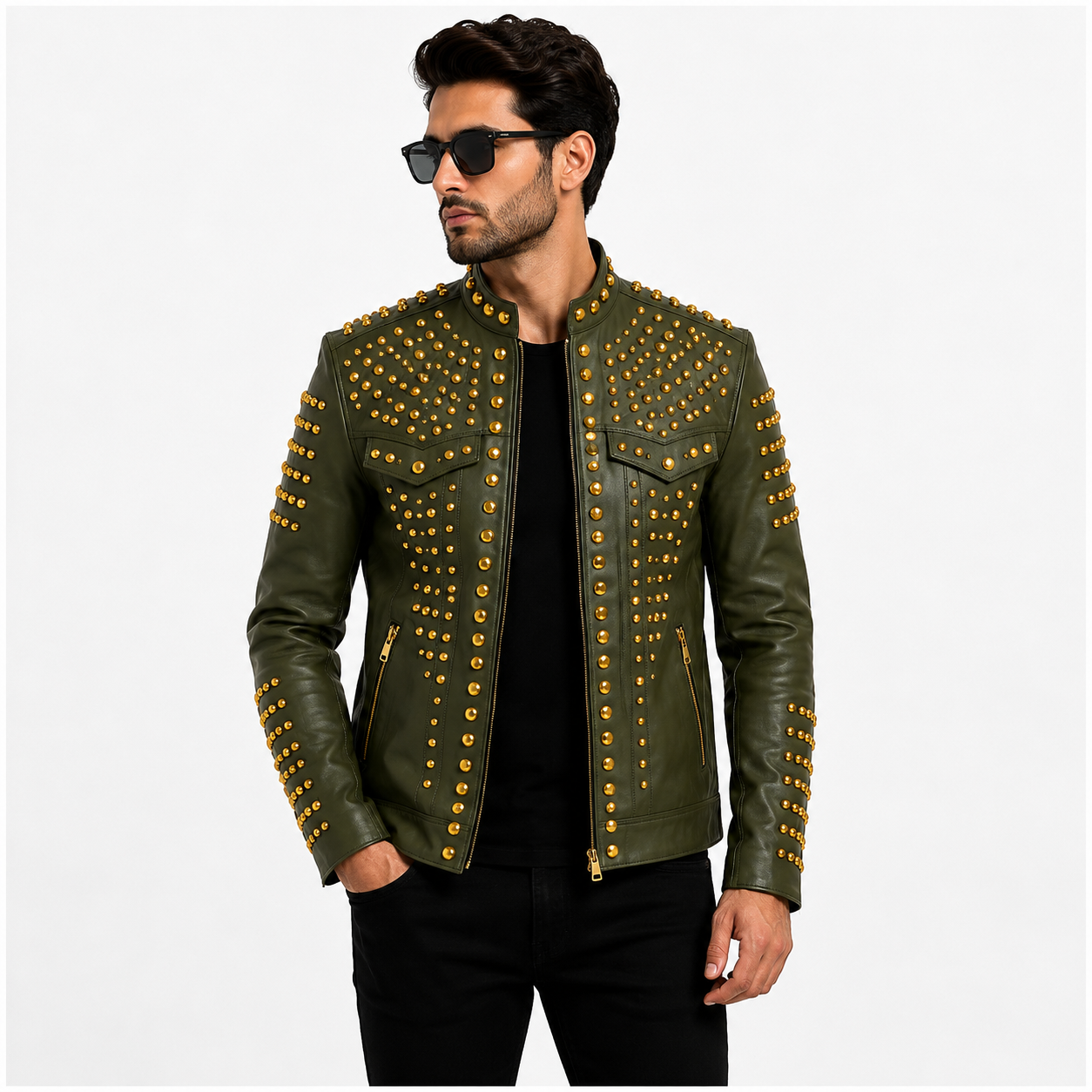 Men's Olive Green Studded Leather Jacket
