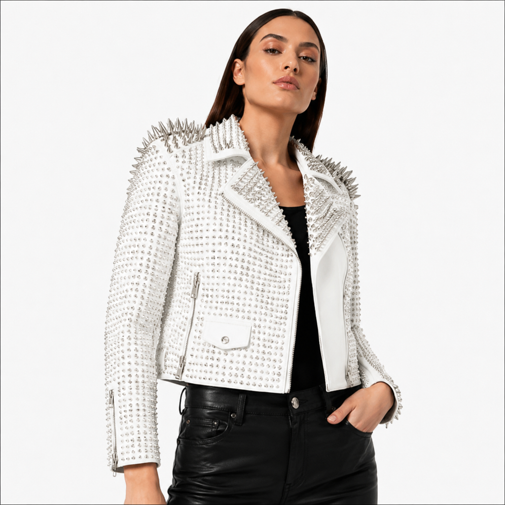 White Spiked Punk Rock Leather Jacket