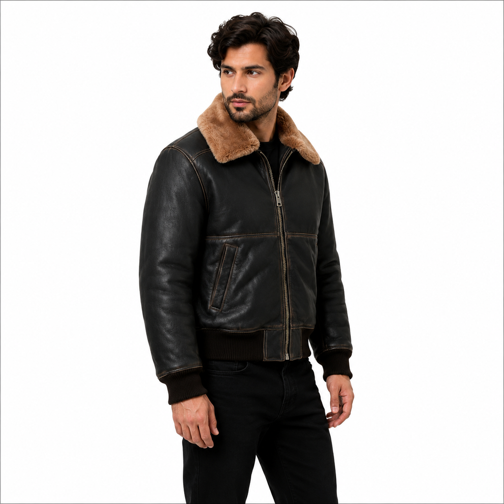Men's black leather shearling aviator bomber jacket
