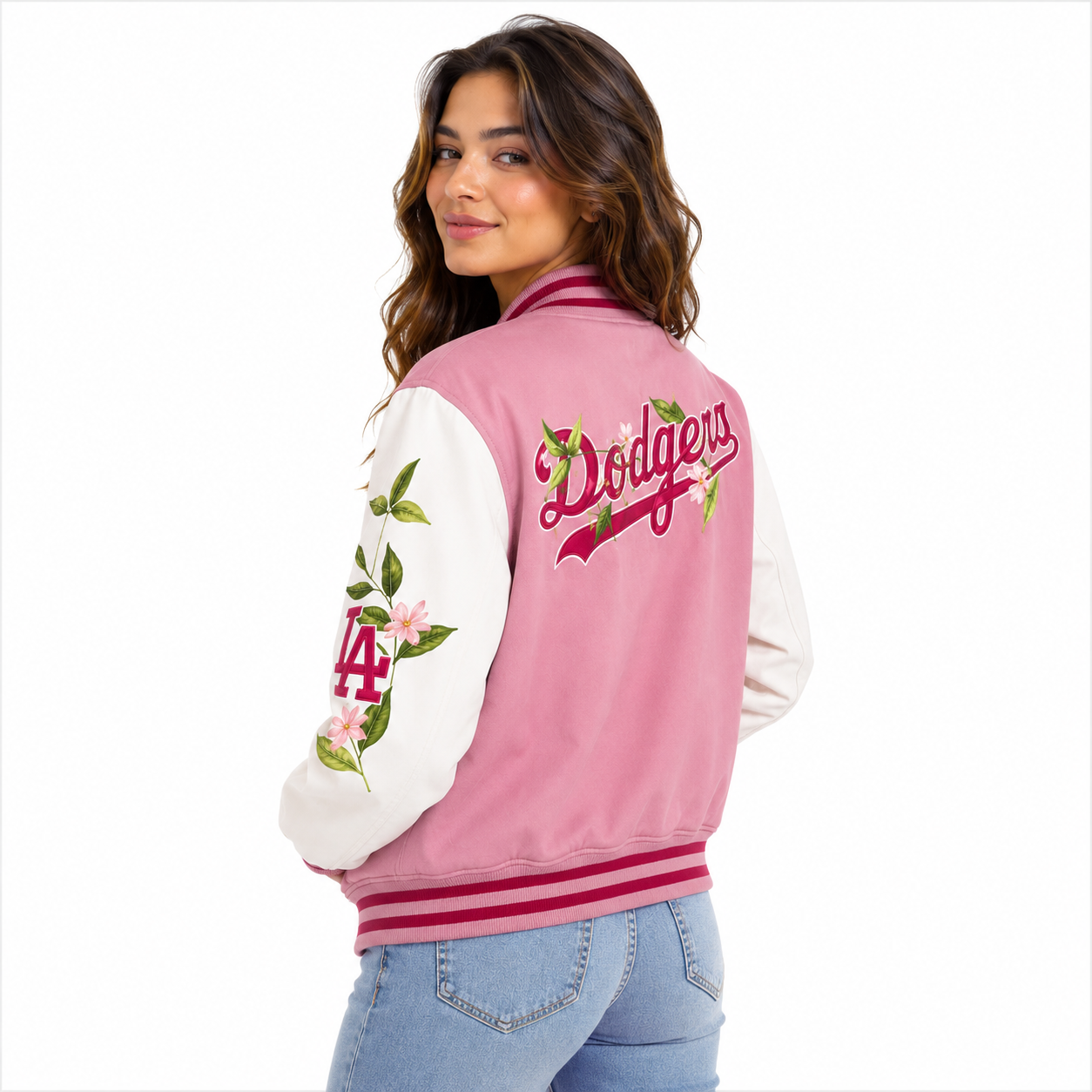 Pink Los Angeles LA Varsity Jacket for Women with Floral Sleeves