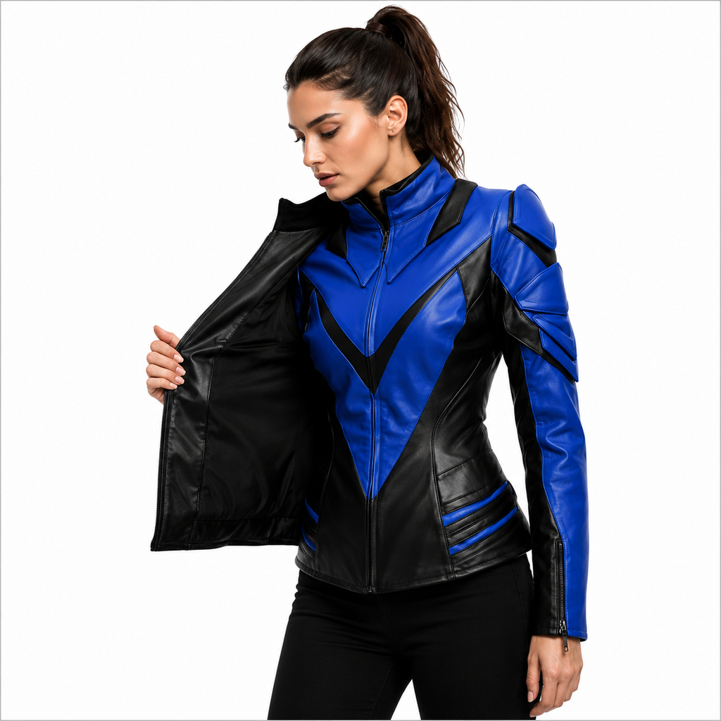 Women's Blue Black Geometric Leather Jacket
