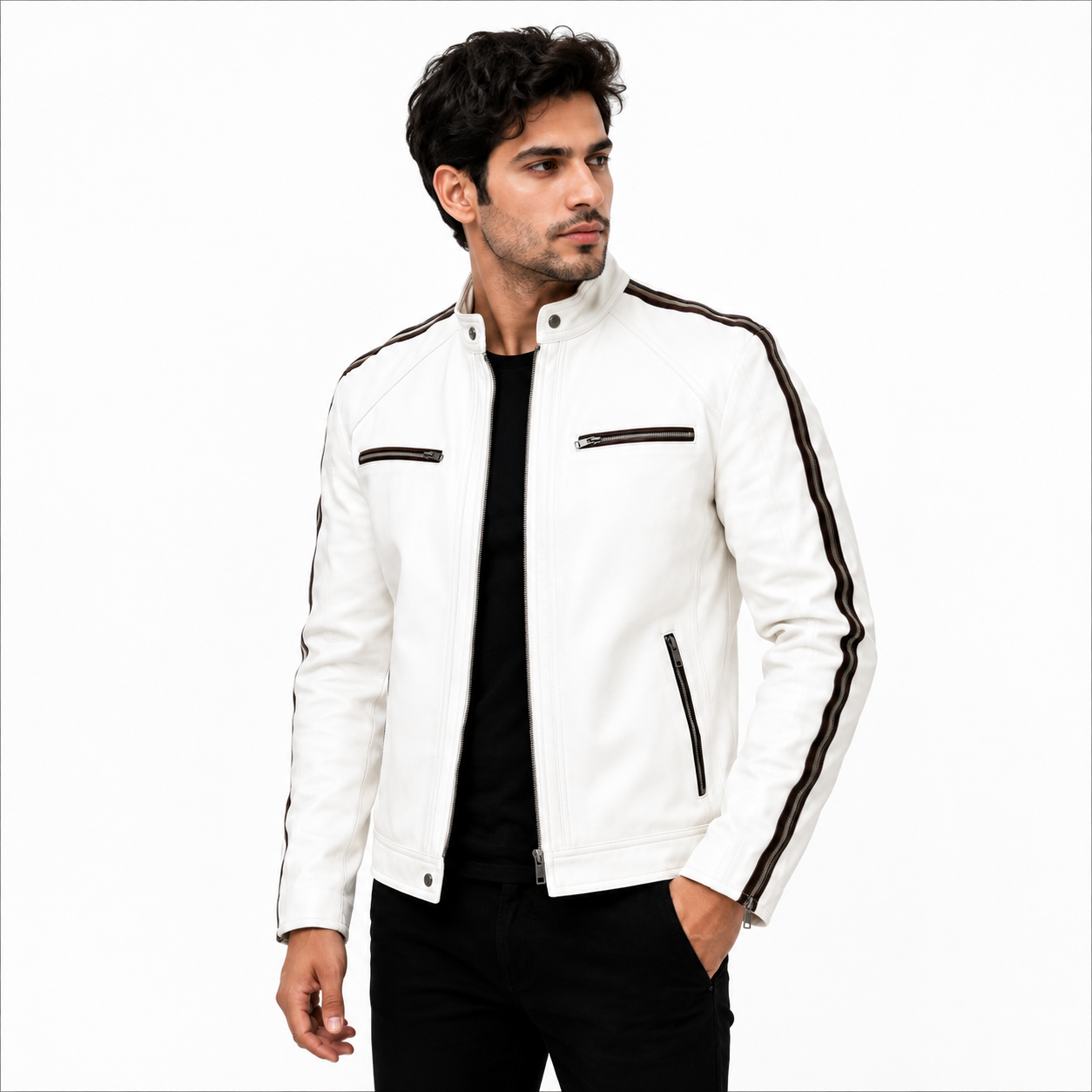 Men's White Premium Leather Biker Jacket