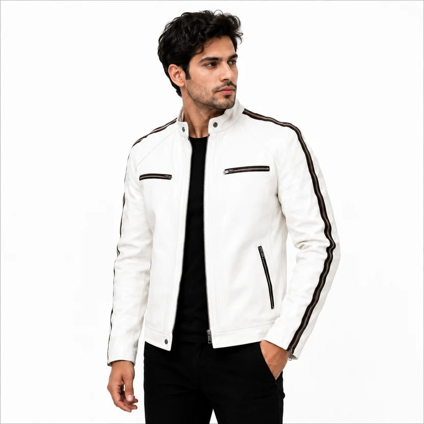 Men's White and Black Stripe Cafe Racer Leather Jacket