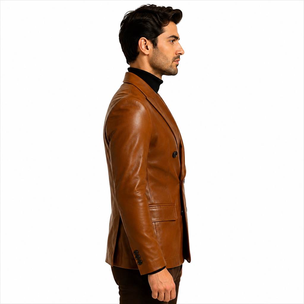 Genuine Leather Blazer Detail Cognac Brown Peak Lapel