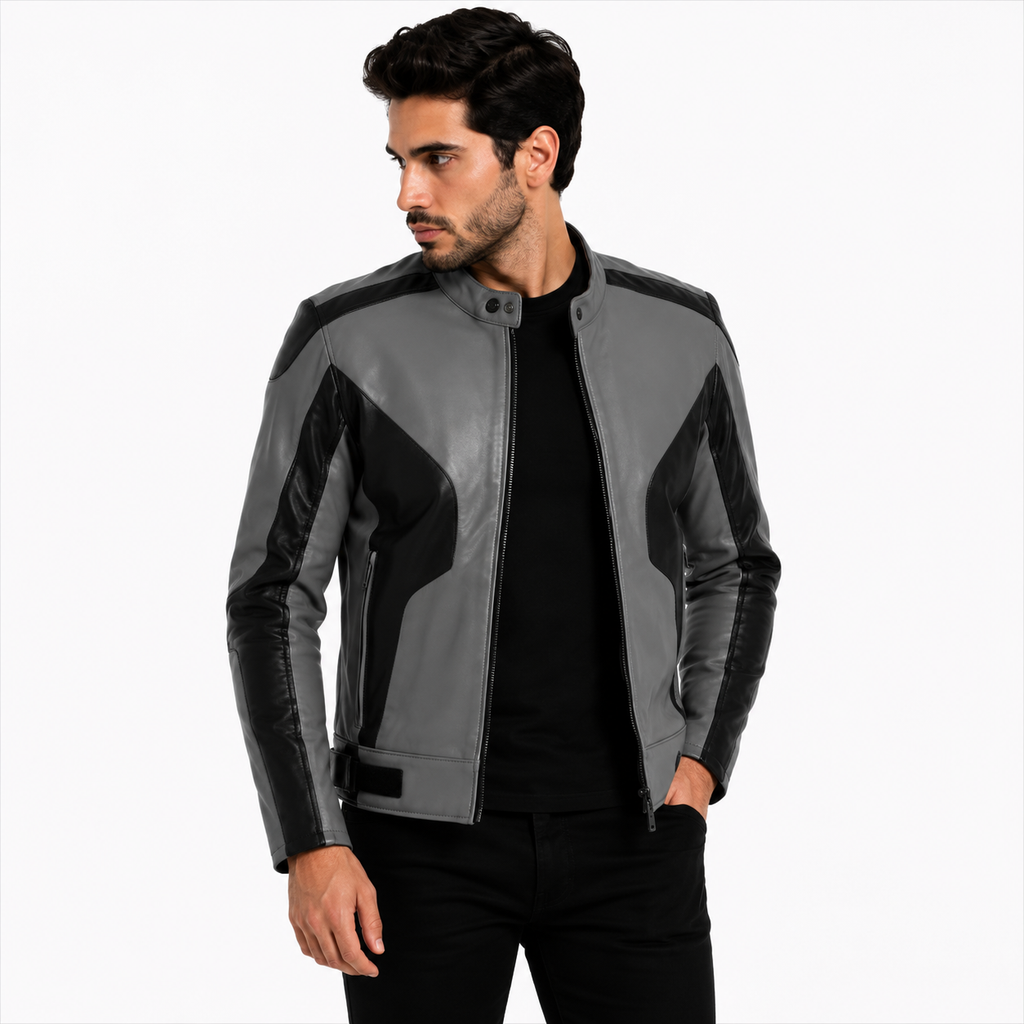 Men's Grey & Black Genuine Leather Biker Jacket