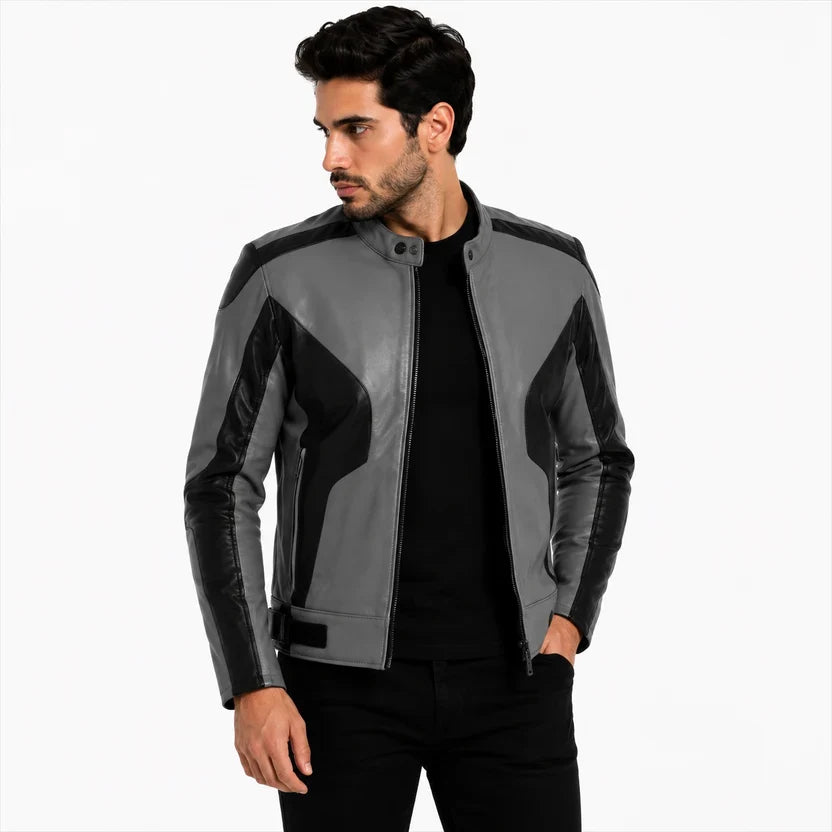 Men's White and Black Genuine Leather Biker Jacket
