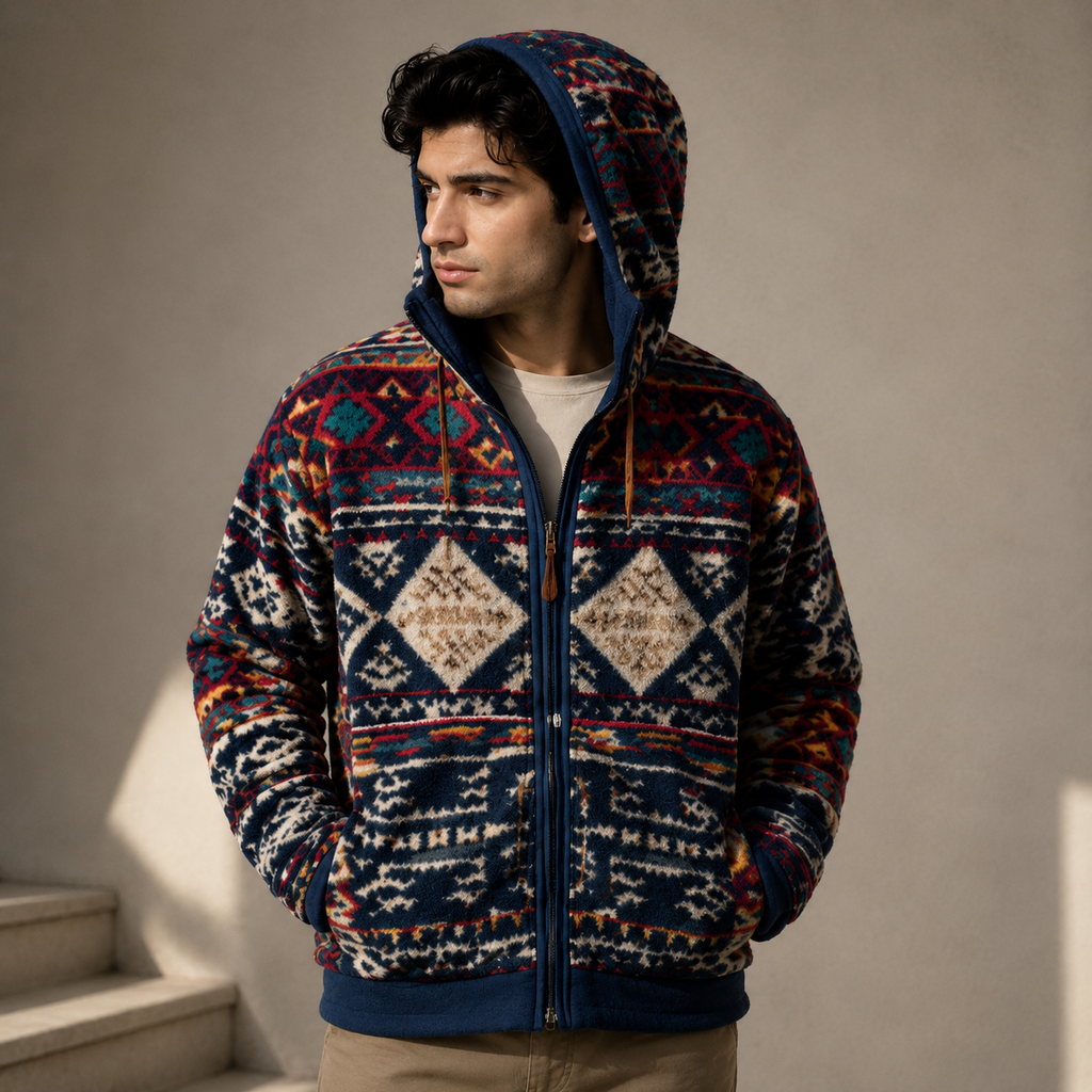 Navy Aztec Diamond Pattern Sherpa Fleece