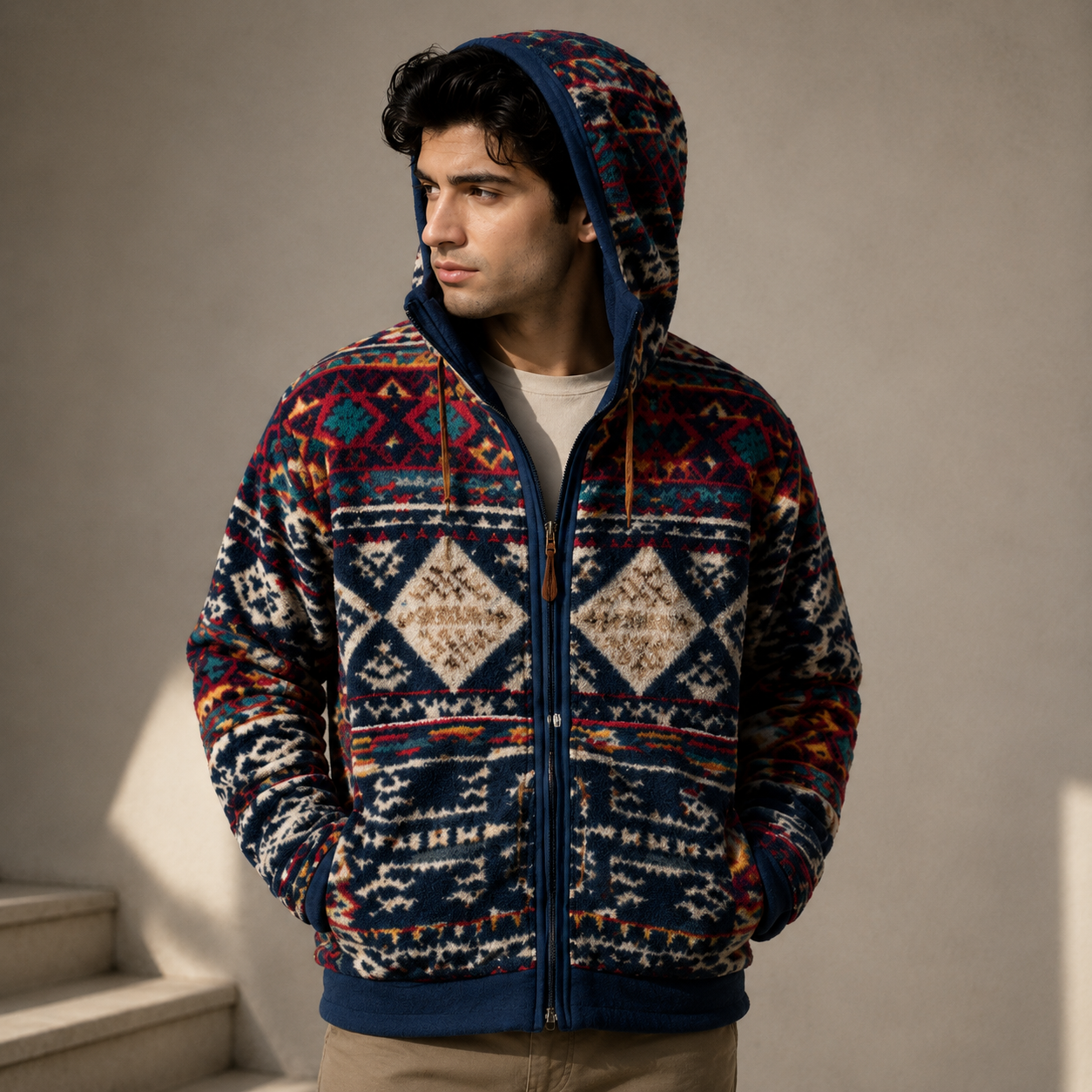 Navy Aztec Diamond Pattern Sherpa Fleece