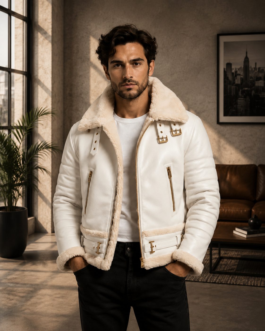 Men's Luxury White B-3 Aviator Jacket
