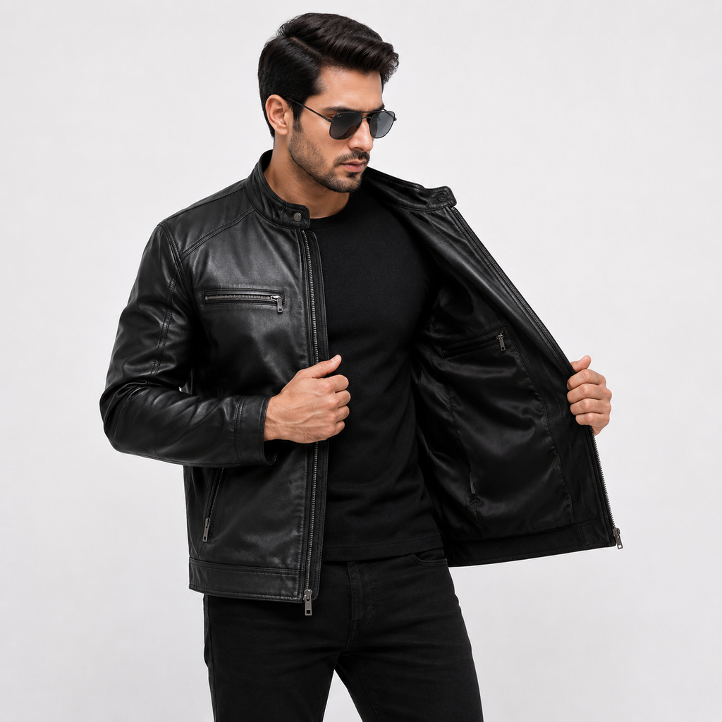 Men's black leather café racer jacket