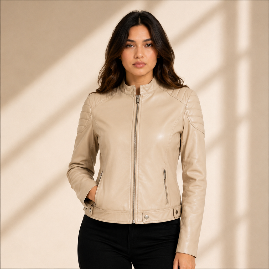 Women's Pastel Beige Cafe Racer Leather Biker Jacket