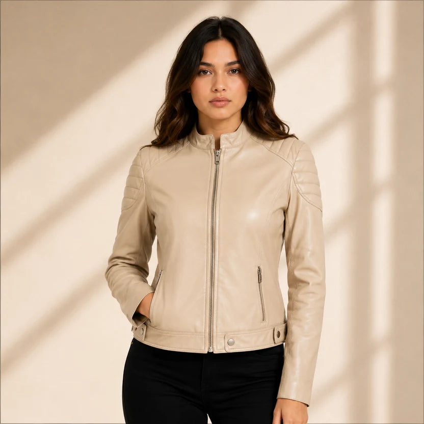 Women's Beige Genuine Leather Cafe Racer Jacket