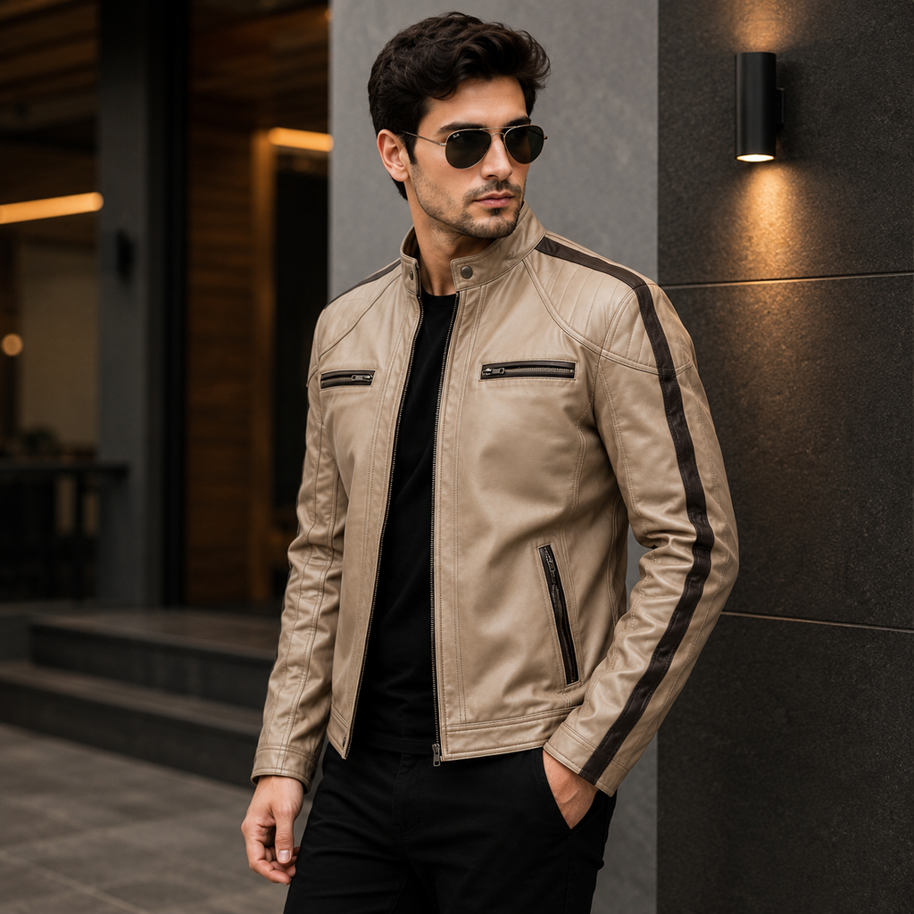 Men's Beige Premium Leather Biker Jacket