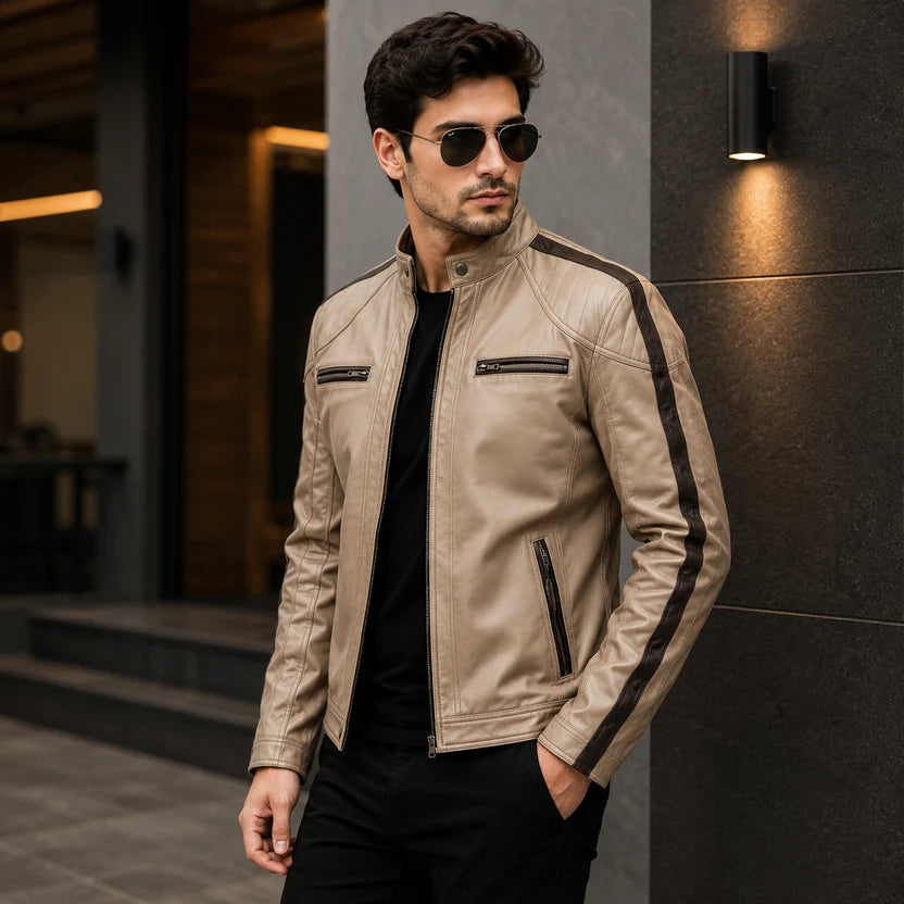 Beige Brown Stripe Cafe Racer Leather Jacket