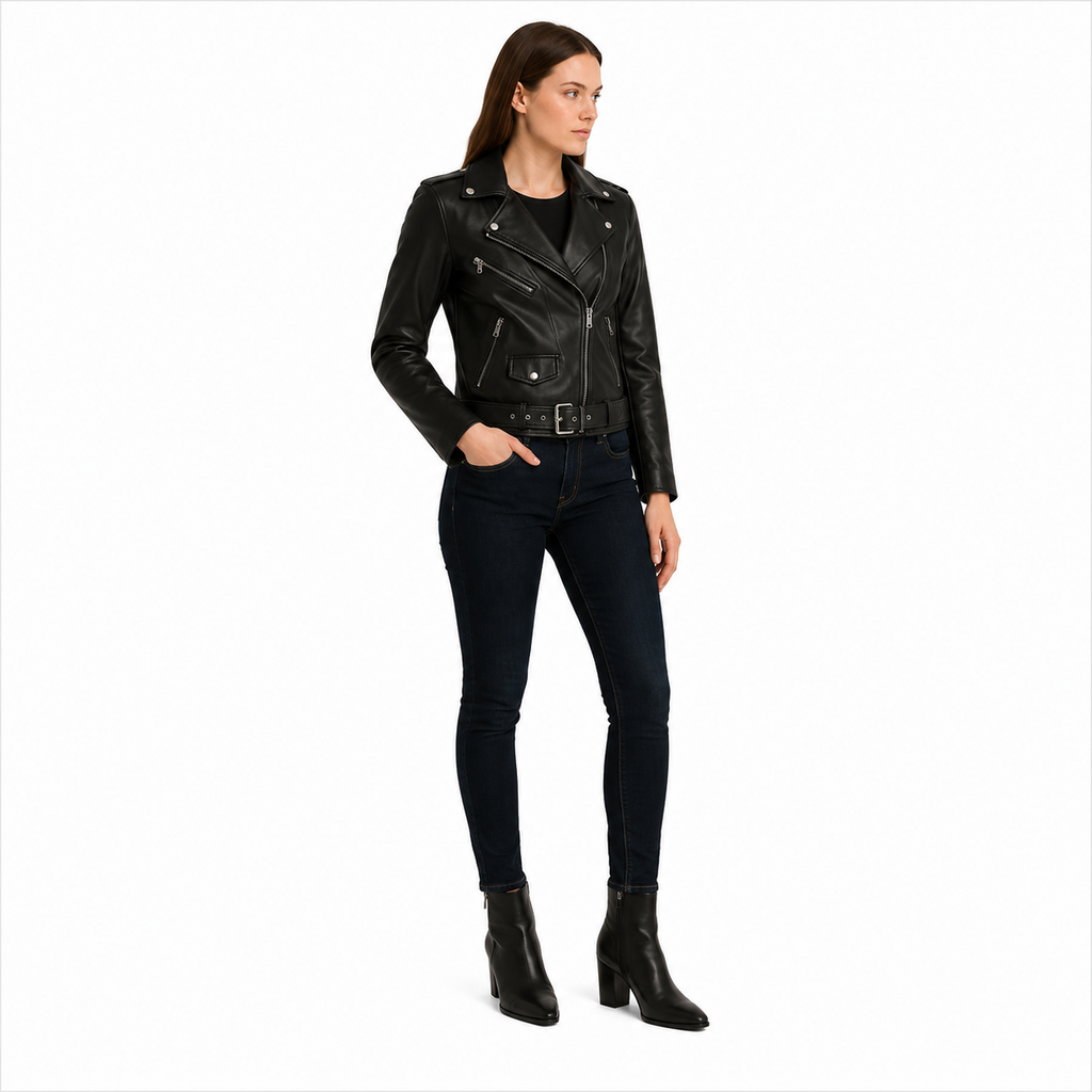 Women's Black Cropped Leather Biker Jacket