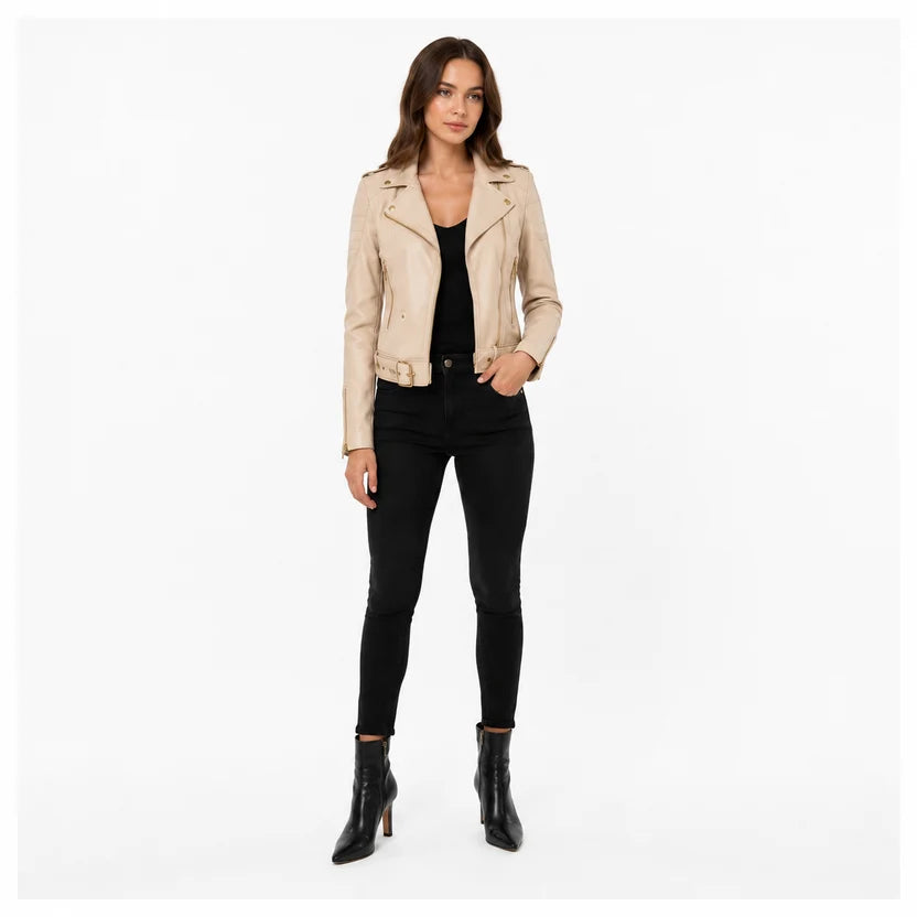 Women's Beige Moto Leather Jacket with Gold Hardware