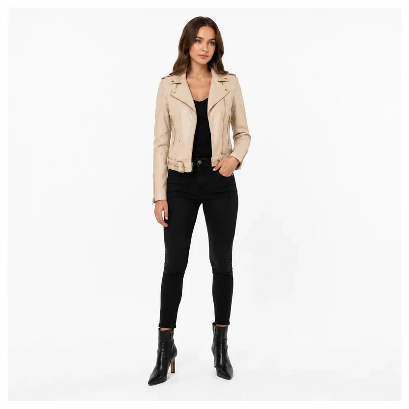 Women's Pink Genuine Leather Biker Jacket