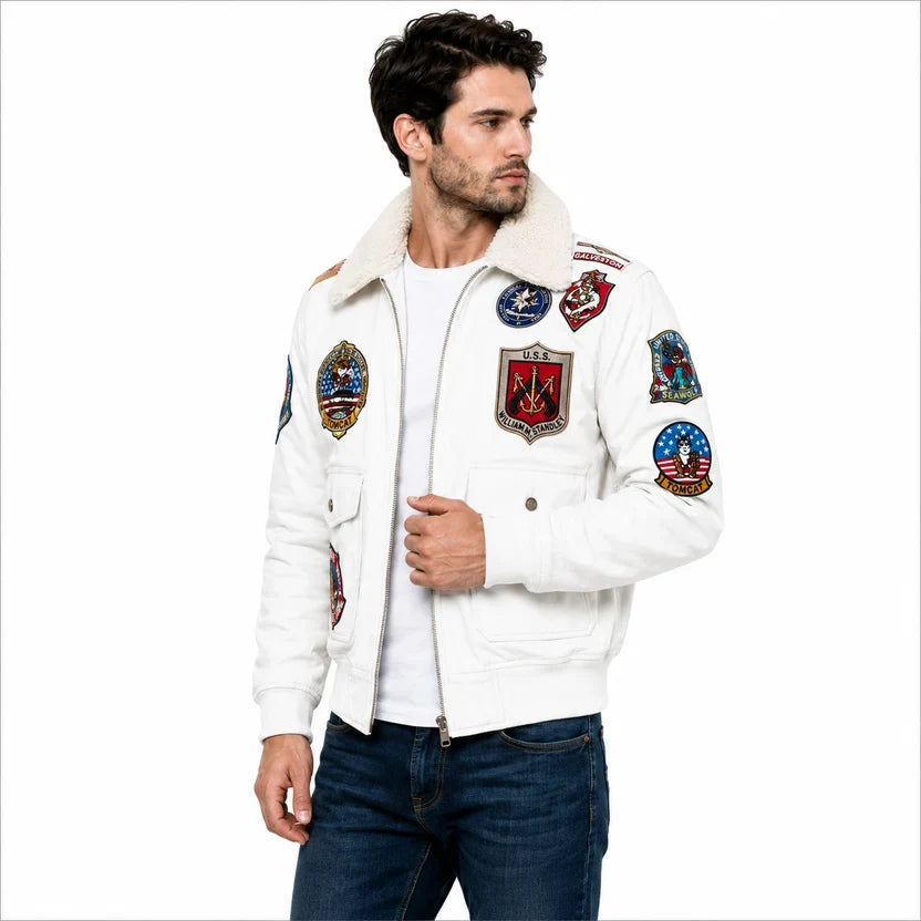 Men's Black Genuine Leather Top Gun Bomber Aviator Jacket