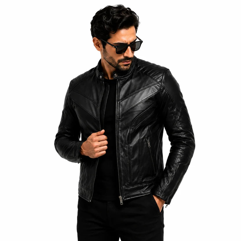 Clean black leather sleeve with zipper detail on biker jacket