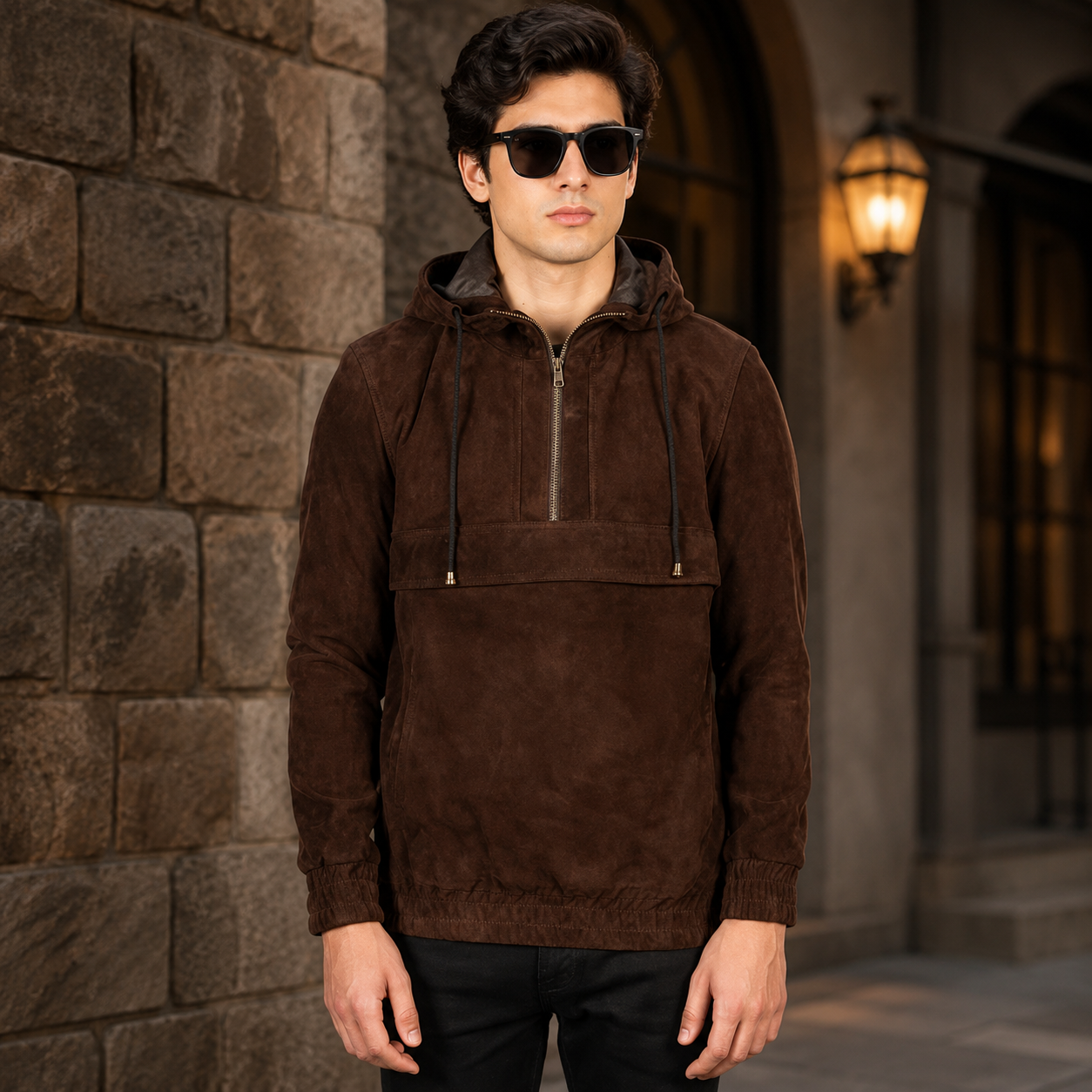 Kenton Hooded Mocha Suede Pullover Jacket