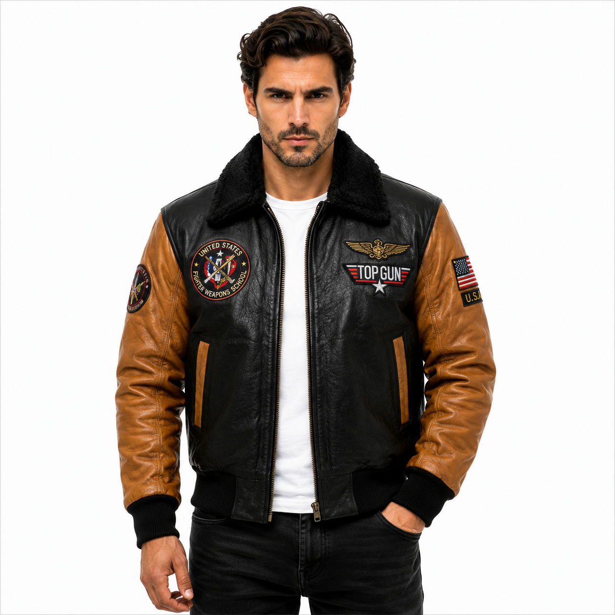 Men's Black & Tan Top Gun G-1 Flight Leather Bomber Jacket